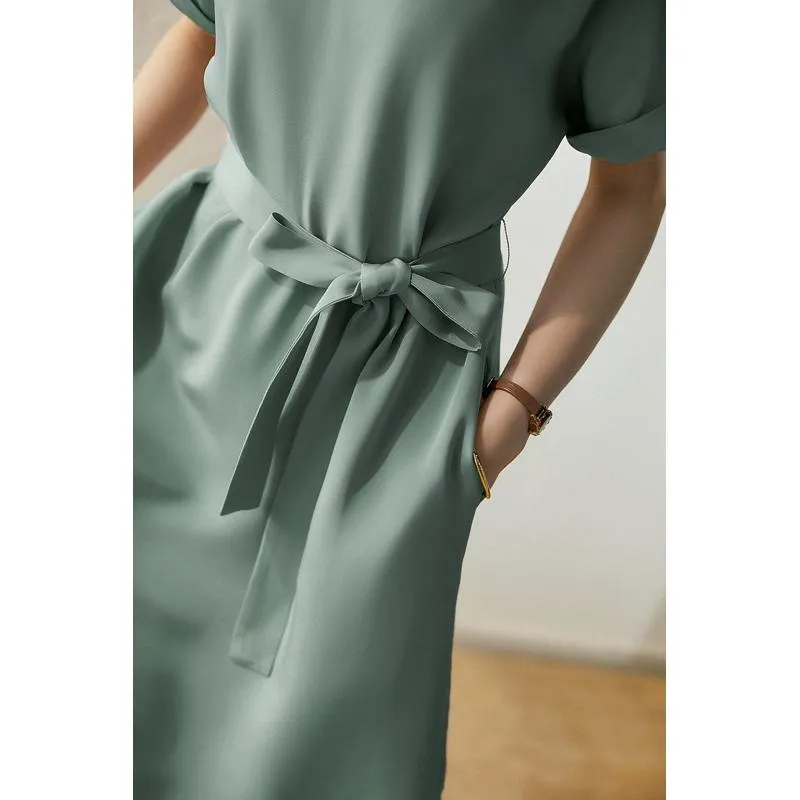 Slimming Cinched Waist Tie-Up Chic Glossy Dress