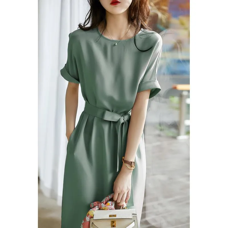 Slimming Cinched Waist Tie-Up Chic Glossy Dress