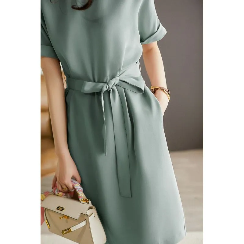Slimming Cinched Waist Tie-Up Chic Glossy Dress