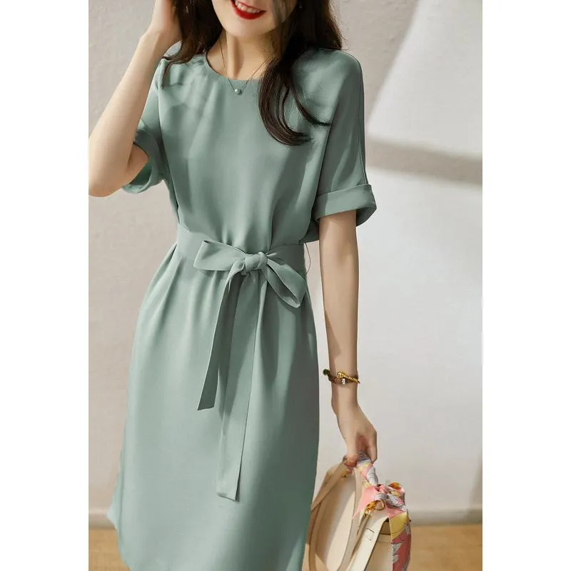 Slimming Cinched Waist Tie-Up Chic Glossy Dress