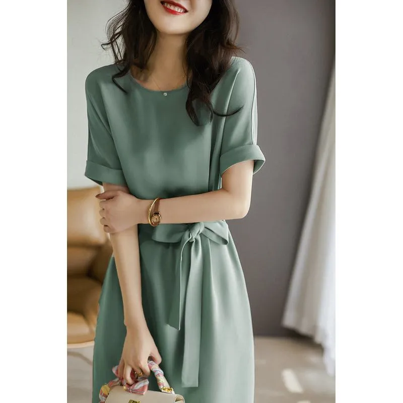 Slimming Cinched Waist Tie-Up Chic Glossy Dress