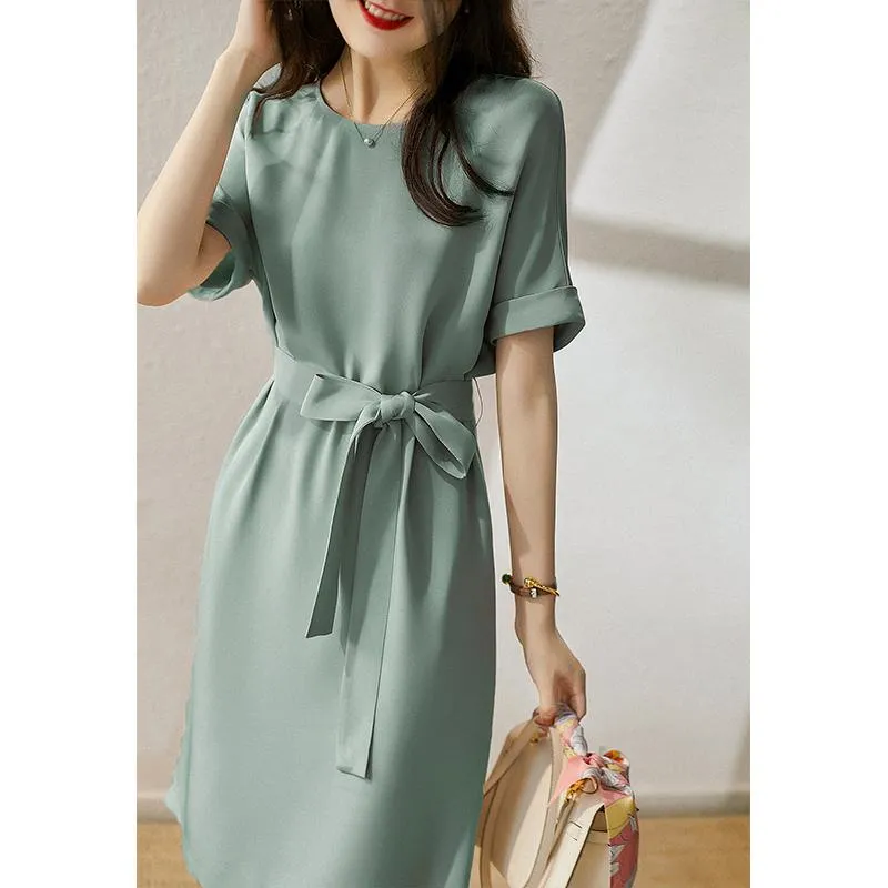 Slimming Cinched Waist Tie-Up Chic Glossy Dress